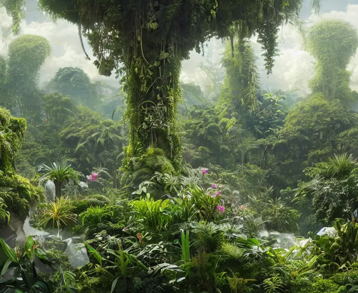 Image similar to transparent clear see - through image of twisting clouds, lush botany, orchids, ferns, garden environment, ultra realistic, concept art, art nouveau, photorealistic, octane render, 8 k, unreal engine. art by gustave dore and nori inoguchi and sam kaplan and zachary goulko and christopher marley and artgerm and alphonse mucha