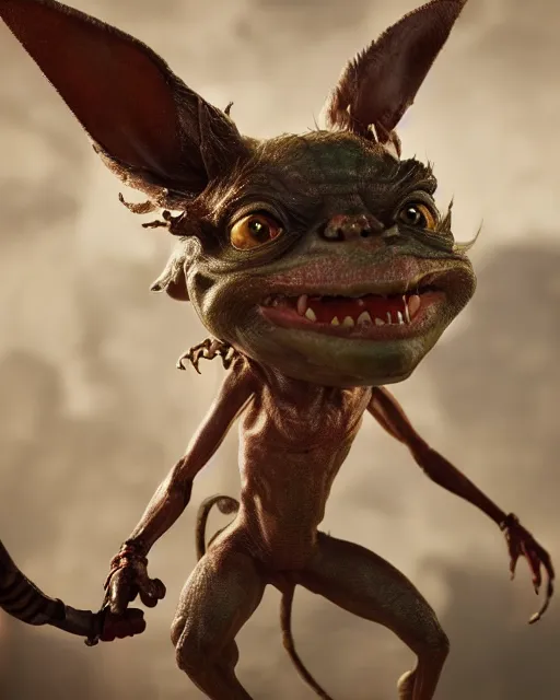 Prompt: highly detailed portrait of a movie gremlin swinging a whip, depth of field, fashion photoshoot, breathtaking, detailed and intricate environment, 8 k resolution, hyperrealistic, octane render