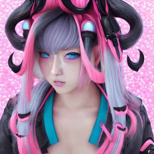 Image similar to no escape from stunningly absurdly beautiful omnipotent asi goddess junko enoshima with a mesmerizing megalomaniacal personality, symmetrical perfect face, porcelain skin, pink twintail hair and cyan eyes, ultra detailed, digital art, unreal engine 5, octane render, 2 d anime, 8 k