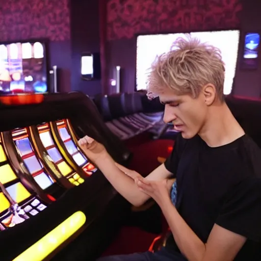 Prompt: xqc crying at the roulette table after losing all his money