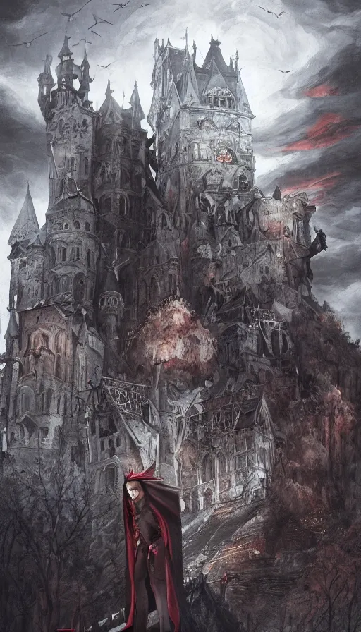 Image similar to Vampire Vladmir Putin over a Medieval Gothic Castle, by Ayami Kojima, studio ghibli, cinematic lighting, intricate, highly detailed, digital painting, trending on artstation, Illustration, epic scale