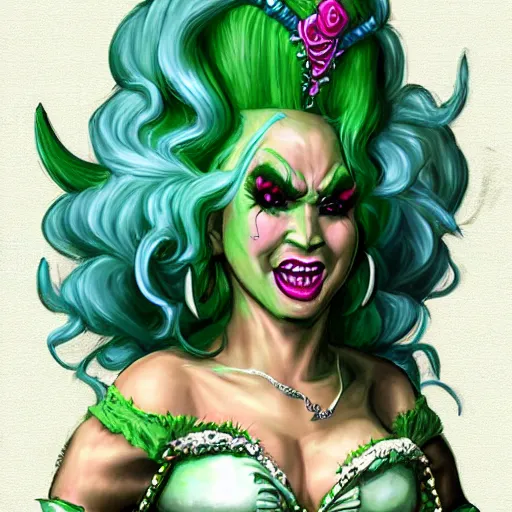 Prompt: d&d character artwork of an orc drag queen who is wearing a very girly prissy frilly rococo ballgown outfit and a huge rococo updo pouf wig, orc with green skin, drag, girly, fabulous, D&D, fantasy artwork, highly detailed, digital painting, artstation, smooth, sharp focus, illustration, art by artgerm and greg rutkowski and alphonse mucha