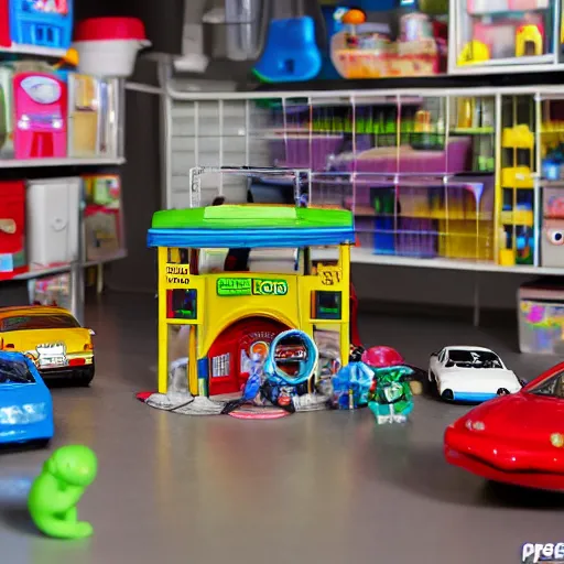 Image similar to fisher price garage with carnivorous plants on the shelves and packing peanuts on the floor, scene from tv show hyper detailed 5 5 mm 8 5 mm, toy photography, made out of plastic