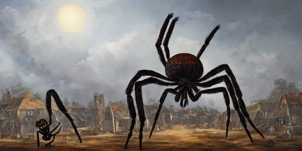 Image similar to painting of a giant spider walking in a village, surreal