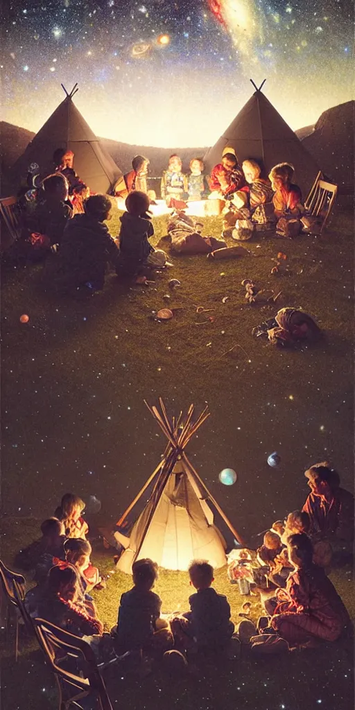 Prompt: a mother a father and 8 children sitting in front of a tipi and seeing the universe full of galaxies and planets, imagination, part by norman rockwell, part by greg rutkowski, part by mattias adolfsson, high angle, ( ( ( ( volumetric lighting ) ) ) ), oil on canvas