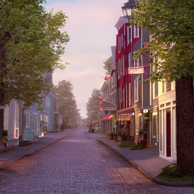 Prompt: newburyport massachusetts colonial city street over the ocean, many lights in shops on street, tall maple trees along street, chimneys on buildings, cobblestone street, old street lamps, thomas kinkade, light cinematic, otherworldly, volumetric, realistic, cinematic lighting, ray tracing, unreal engine 5, octane render, hyper realistic, photo, 8 k