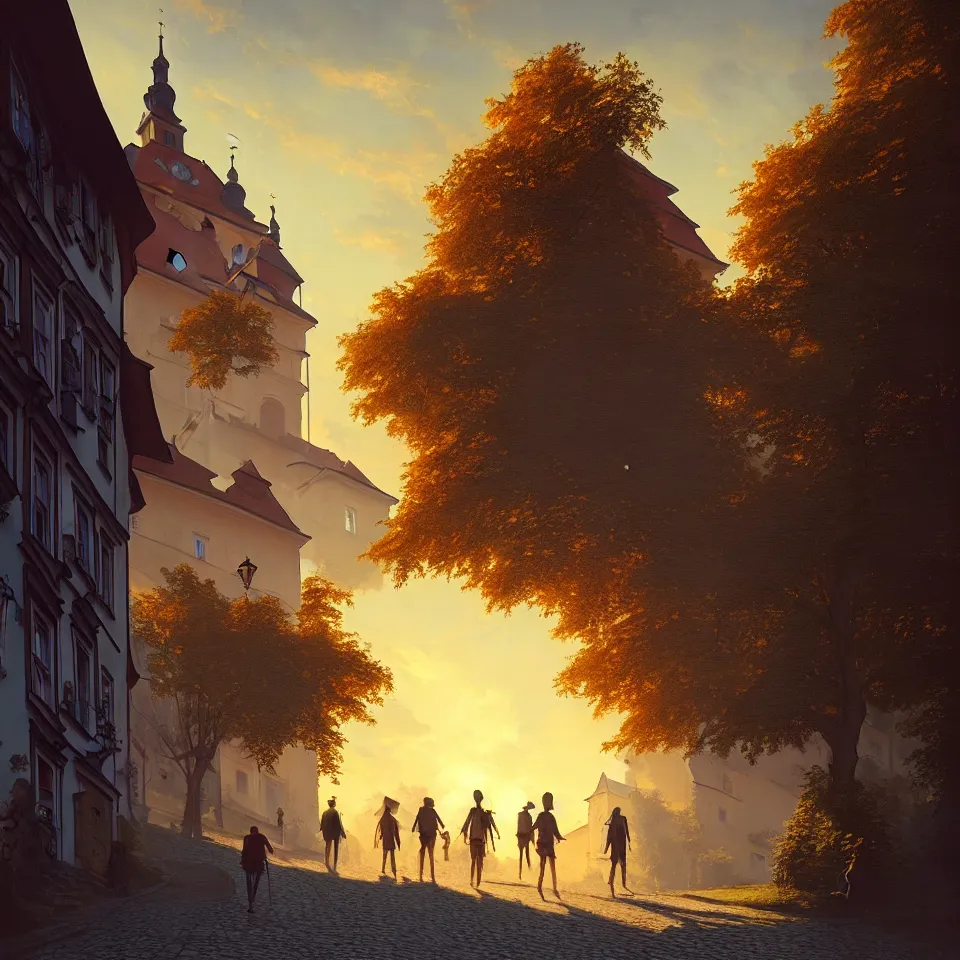 Image similar to a beautiful photo of banska stiavnica in summer with old houses and trees in sunset, sky, people walking on street, unreal engine, by greg rutkowski and james gurney, artstation