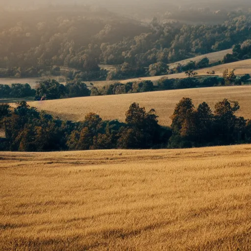 Image similar to open field of teeth, rolling hills, mist, valley, downhill