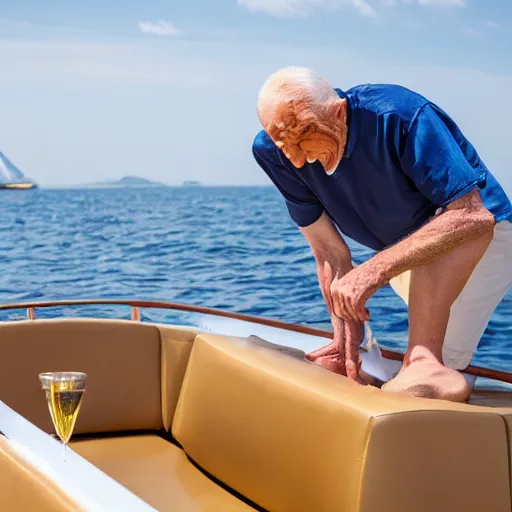 Image similar to wrinkled hunchbacked old man polishing the side of a gold plated mega yacht