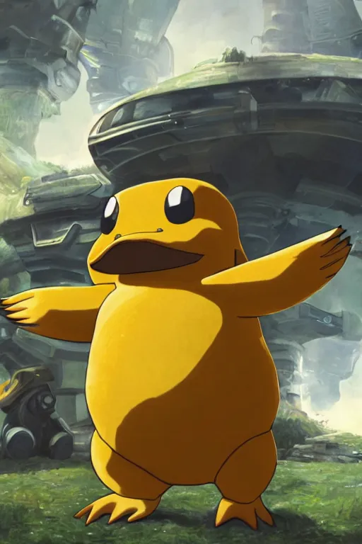 Image similar to psyduck pokemon playing as master chief, oil on canvas, intricate, 8 k highly professionally detailed, hdr, cgsociety