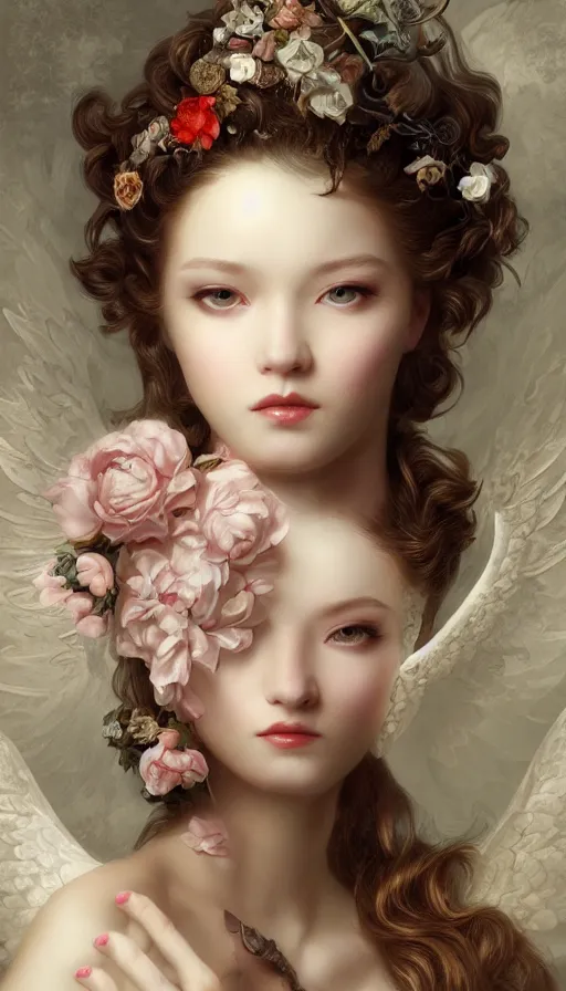 Image similar to pop surrealism, rococo, baroque hair, angelic young female seductive - fine - face, pretty face, key visual, realistic shaded perfect face, fine details by stanley artgerm lau, wlop, nekro, james jean, andrei riabovitchev, marc simonetti, and sakimichan, trending on artstation