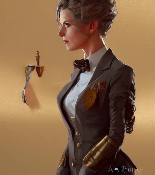 Image similar to julia fox wearing a golden dress, grey hair, red necktie, cinematic, stunning, highly detailed, digital painting, artstation, smooth, hard focus, full body shot, illustration, art by artgerm and greg rutkowski and alphonse mucha