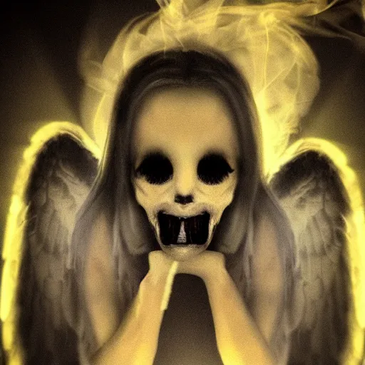 Prompt: angel, smiling, unnatural grin, horror, creepy, smoke, black, dark, glow