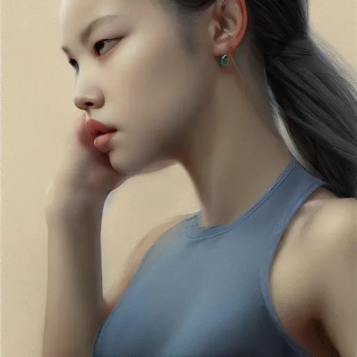 Prompt: jennie blackpink, standing, soft grey and blue natural light, intricate, digital painting, artstation, concept art, smooth, sharp focus, illustration, art by greg rutkowski and luis rollo and uang guangjian and gil elvgren, symmetry!