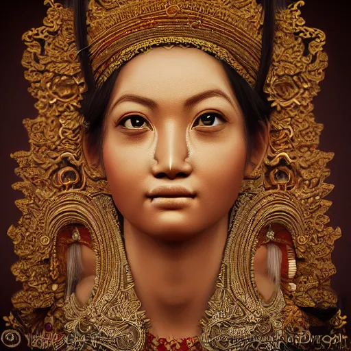 Prompt: hyper realistic portrait photo of indonesian saraswati goddess, portrait shot, intricate detail, octane render