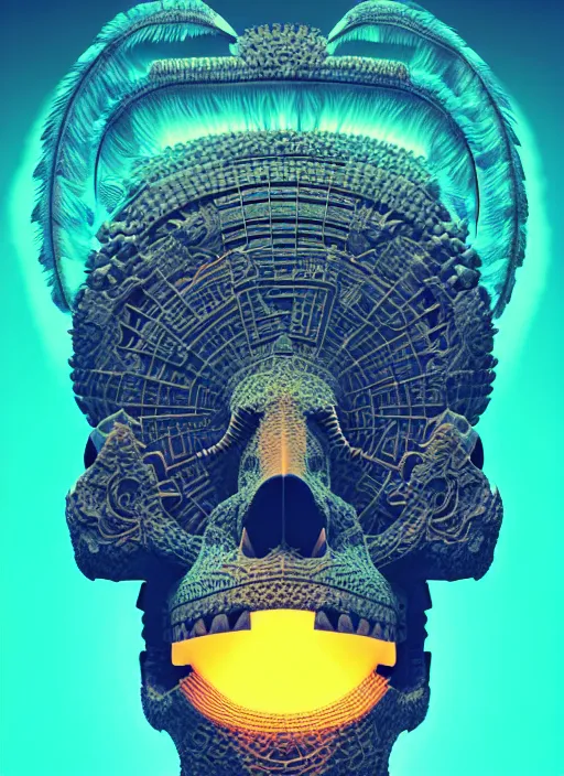 Prompt: 3 d totem portrait, sigma 5 0 0 mm f / 5. global illumination beautiful intricate highly detailed quetzalcoatl skull and feathers. bioluminescent, plasma, lava, ice, water, wind, creature, thunderstorm! artwork by tooth wu and wlop and beeple and greg rutkowski, 8 k trending on artstation,