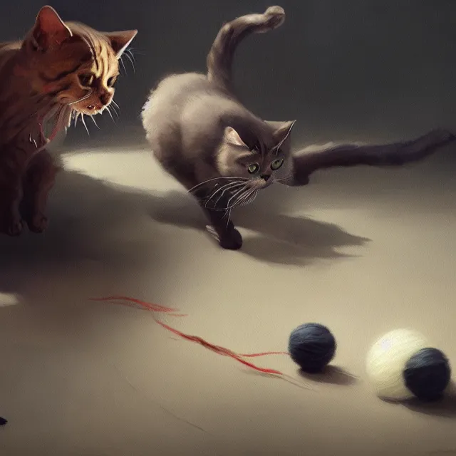 Image similar to a painting of a cat chasing a ball of yarn by greg rutkowski, dark fantasy art, high detail, trending on artstation