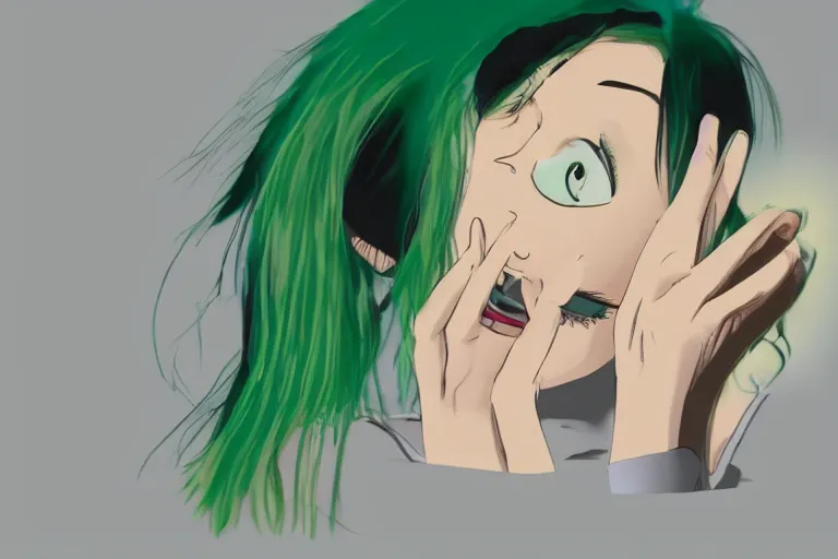 Prompt: a girl with green hair crying at her desk in the style of Tsuguharu Fujita