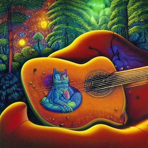 Image similar to psychedelic couch sofa in the pine forest, guitar, milky way, designed by moebius, rob gonsalves, gustav dore, giuseppe arcimboldo and carl barks, louis wain, trending on artstation, canada, star, sharp focus, colorful refracted sparkles and lines, soft light, 8 k 4 k