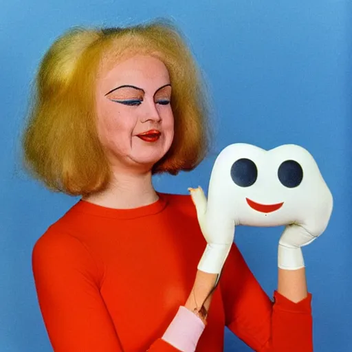 Image similar to 1976 woman wearing a long prosthetic snout nose and nostril, soft color wearing a leotard 1976 holding a smiley inflatable hand puppet color film 16mm Almodovar John Waters Russ Meyer Doris Wishman old photo