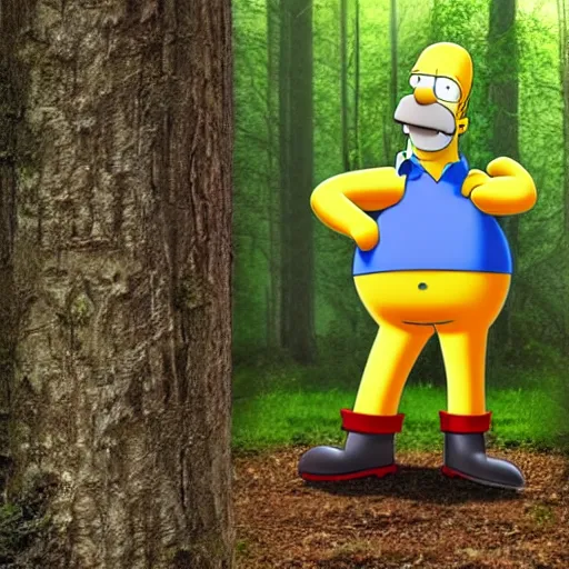 Image similar to Homer Simpson in the woods photo realistic creepy 4K