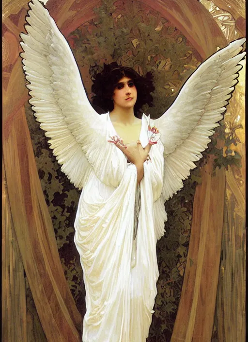 Image similar to painting of a beautifully robed angel with huge white feather wings, intricate, elegant, hyperdetailed, by alphonse mucha and william - adolphe bouguereau and john william waterhouse