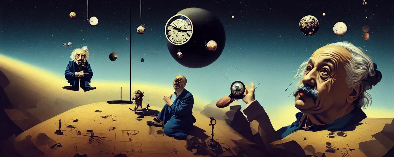 Image similar to duotone surreal illustration 3 / 4 portrait of albert einstein measuring time on salvadore dali clock in outer space dark starry background. golden ratio accidental renaissance. by sachin teng and sergey kolesov and ruan jia and heng z. graffiti art, scifi, fantasy, hyper detailed. octane render. concept art. trending on artstation