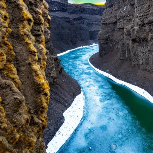 Prompt: a canyon in iceland with a frozen river at the bottom.