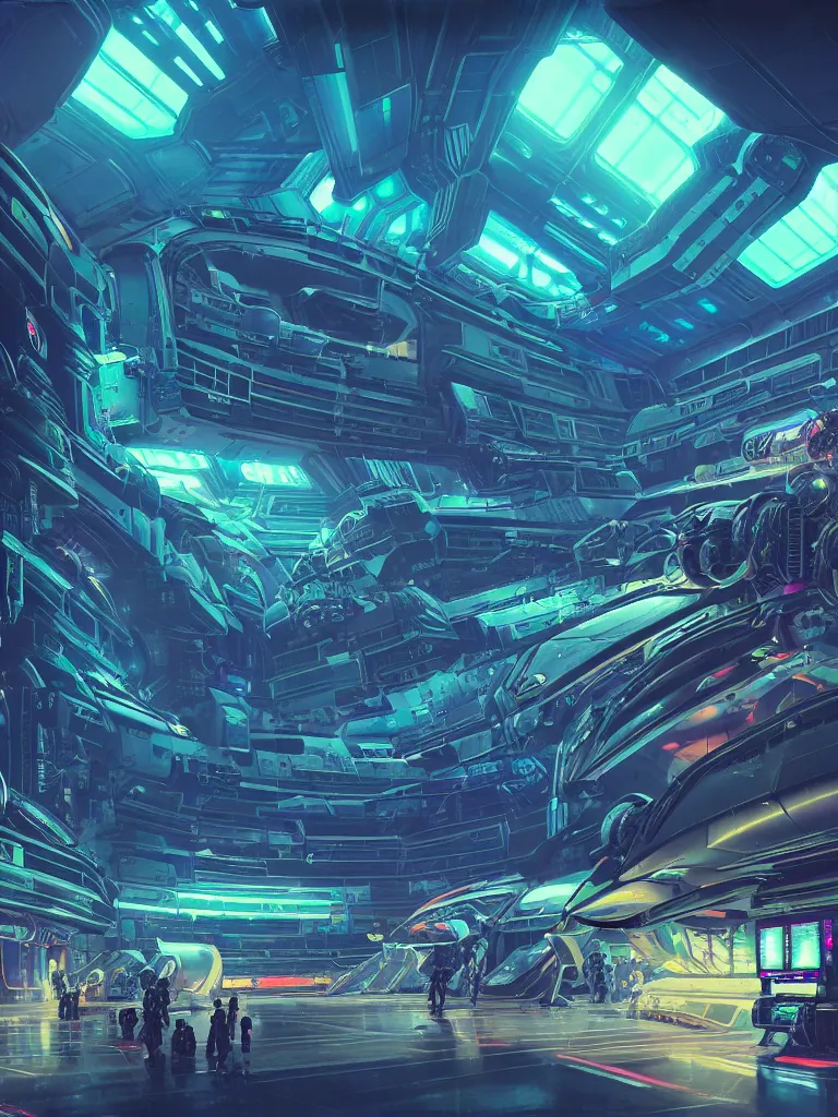 Image similar to the interior of a celestial spaceship cyberpunk hangar in a bioluminescent walls decorated beautifully, lots of cyberpunk design elements like humanoids and mecha robots, warm sunlight shining in, lots of cables and neon signs, concept art 8 k resolution, fantasy illustration, sharp focus, detailed painting, deep color, volumetric lighting, crepuscular rays