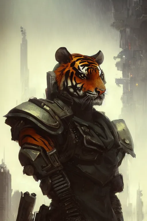 Image similar to portrait male anthro tiger dressed in military clothes character full body precis no blur, concept art, character sheet, nier automata, gaston bussiere, greg rutkowski, tsutomu nihei, cyberpunk, trending on artstation, featured on pixiv, hyper detail, cinematic composition, 8 k, detailed face