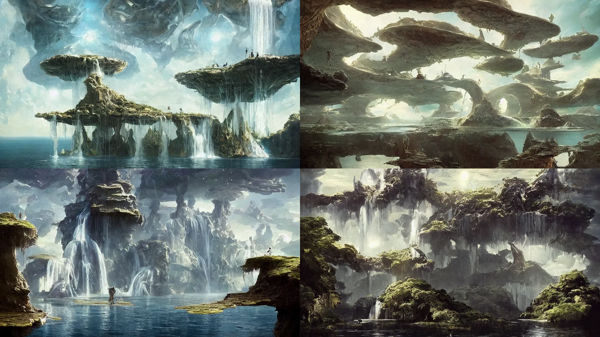 Prompt: floating islands of water with waterfalls connecting each other, whimsical surrealism, deep - space imaging, fantastical setting, art by salvador dali, by greg rutkowski