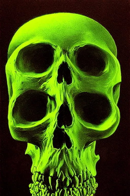 Image similar to horrific neon green skull floating over golden cubes by zdzisław beksinski