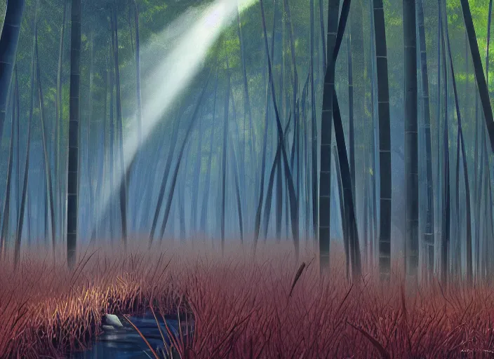 Image similar to deep in a misty japanese bamboo forest, small river, mountain background, sunny, cartoony, 9 0 s anime style, sun rays, soft, moody lighting, by hayao miyazaki, ghibli studio, makoto shinkai, toei animation, studio trigger, trending on artstation, 4 k, hd