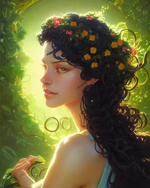 Prompt: portrait of a beautiful goddess with curly black hair and green eyes, nature overgrowth flowery blooms, radiant halo of light, gilding, jesper ejsing, sylvain sarrailh, photorealism, artstation