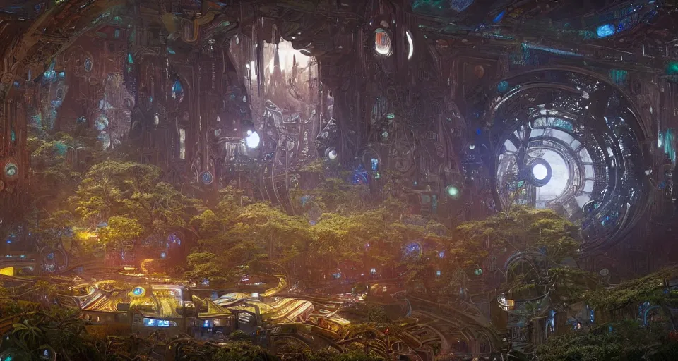 Prompt: Cybernetic space forest scene in a giant Aztec space city, fantasy, two moons lighting, intricate details ,deep colours, by denis villeneuve, Ridley Scott, Greg Rutkowski and Alphonse Mucha