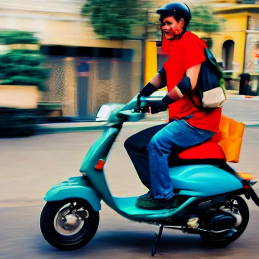 Image similar to delivery driver on moped delivering packages, bright color, bubbly, artistic rendering, cartoon, no blur, white background