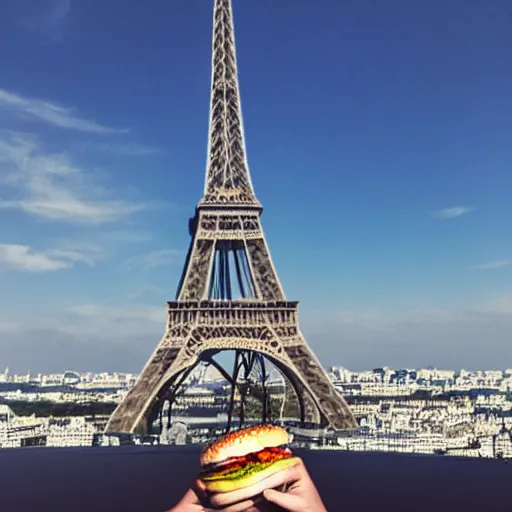 Image similar to a mermaid eating a burger on the top of the Eiffel Tower