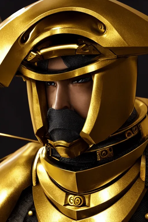 Prompt: hyperrealistic cyberpunk samurai character, gold warrior helmet, gold armour, ultradetailed, volumetric lighting, depth of field, 4k UHD.