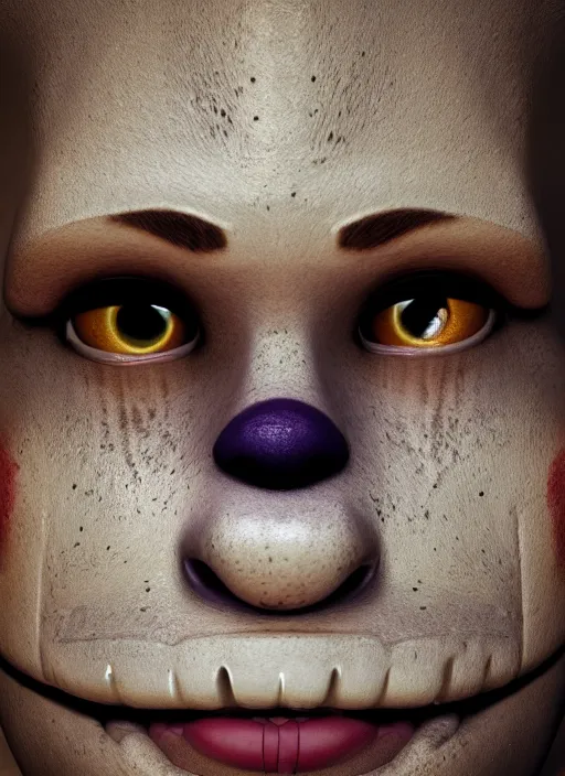 Prompt: closeup portrait of fnaf, depth of field, zeiss lens, detailed, symmetrical, centered, fashion photoshoot, by Annie Leibovitz and Steve McCurry, David Lazar, Jimmy Nelsson, Breathtaking, 8k resolution, extremely detailed, beautiful, establishing shot, artistic, hyperrealistic, beautiful face, octane render