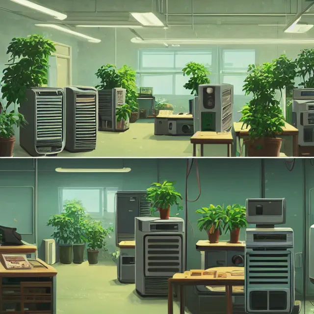 Image similar to an interior room with old pc computers stacked on the walls with potted plants, makoto shinkai