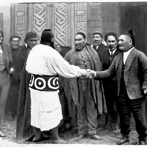 Image similar to a tattooed maori dignitary shakes hands with a 2 0 th century english caucasian industrialist, colorized 1 9 0 4 photo, kodak camera, historical event, credit the national archives of the united kingdom