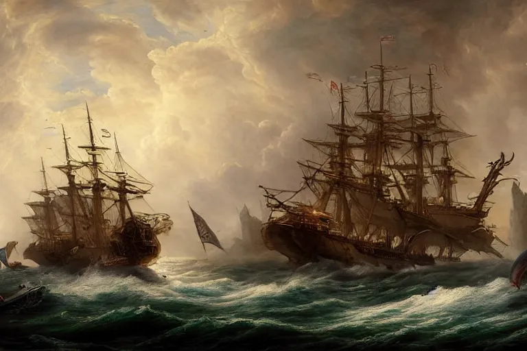 Prompt: Epic battle between a ship and a giant squid as a painting by Louis Philippe Crepin. 8k octane beautifully detailed render, post-processing, extremely hyper-detailed, intricate, epic composition, highly detailed attributes, highly detailed atmosphere, cinematic lighting, masterpiece.
