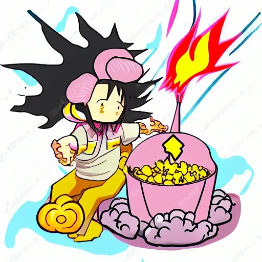 Image similar to kawaii wacky fluffy popcorn with lightning bolt power, yokai, in the style of a manga character, with a smiling face and flames for hair, sitting on a lotus flower, white background, simple, clean composition, symmetrical