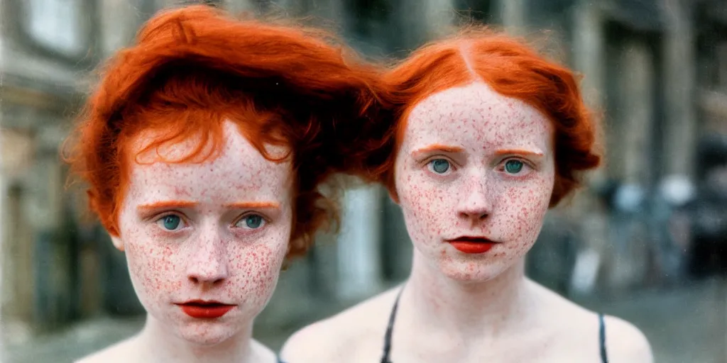 Image similar to a young red haired woman with freckles looks deeply into the camera, 1920's london street, velvia 100, 50mm, f4.0, 1920's style photo