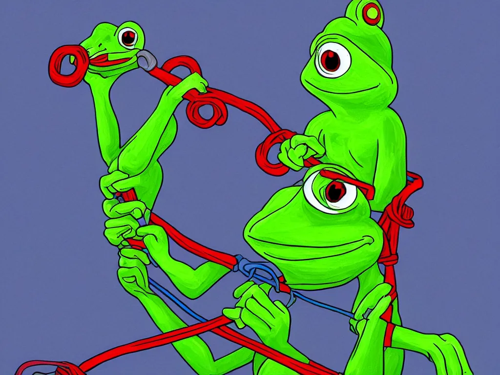 Prompt: extremely detailed digital painting of a pepe the frogs with a whip, stunning scene, perfect face, bright colors, 4 k resolution, trending on artstation