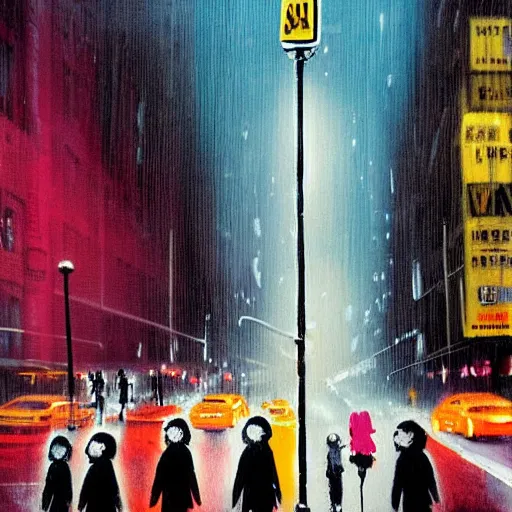 Image similar to a busy crosswalk on a rainy street in new york with lots of people walking around at night with advertisement neon lights on the buildings around it, painting by banksy, banksy art, high detail, smooth, beautiful, aesthetic,