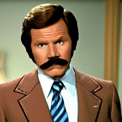 Image similar to a movie still of Alex Trebeck as Ron Burgundy in the movie Anchorman