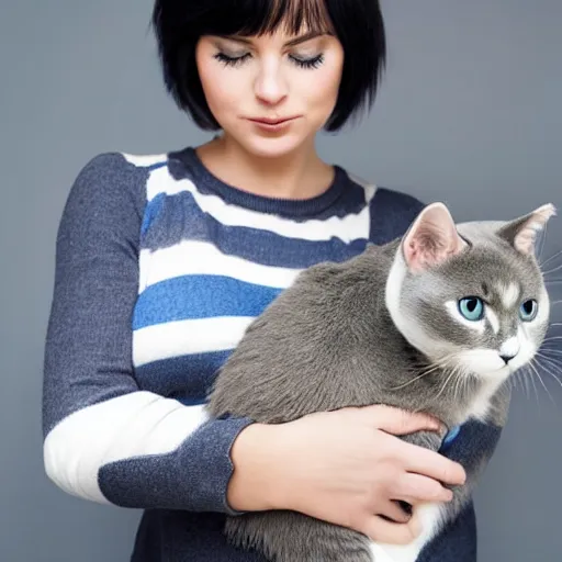 Image similar to A beautiful woman with blue short hair with bangs holding a grey and white cat, full body portrait, highly detailed, excellent composition, dramatic lighting, realistic 4k