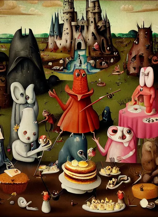 Image similar to fnafs eating cakes painted by hieronymous bosch, detailed digital art, trending on Artstation