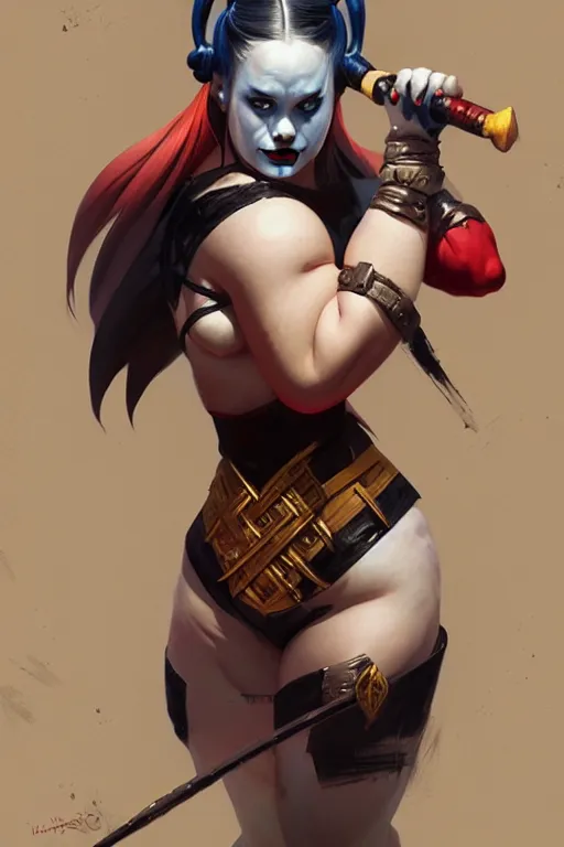 Image similar to dark fantasy, harley quinn as a sumo wrestler, dark surrealist , fantasy, intricate, elegant, highly detailed, digital painting, artstation, concept art, smooth, sharp focus, illustration, art by artgerm and greg rutkowski and alphonse mucha